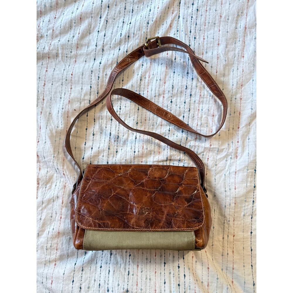 Vintage Furla Brown Leather Green Canvas Crossbody Purse